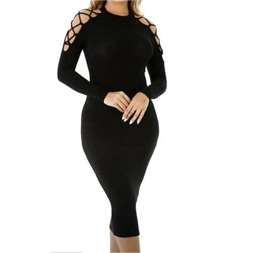 Robe Femme Manches Longues Croisées Moulante Coupe Arrondie - Coton - Noir